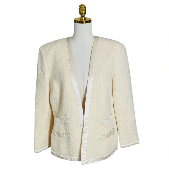 ALBERT NIPON | Women’s Cream Tweed with Ribbon Trim Open Blazer Jacket Size 10 - Picture 1 of 7